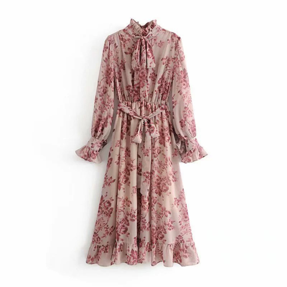 ZARA Printed Turtleneck Cinched Waist Ribbon Trim Sheer Maxi Dress